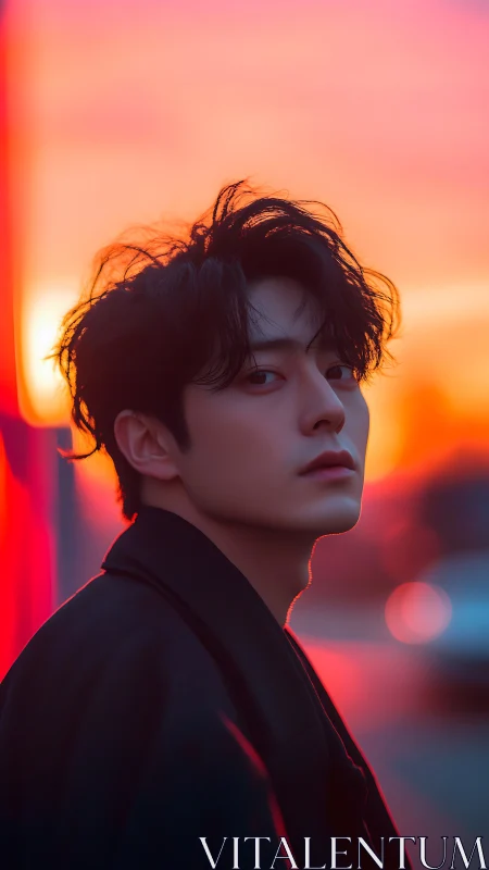 Twilight neon kisses a distant gaze in soft burning color