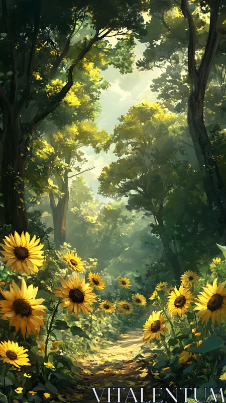 Sunflower forest pathway with atmospheric volumetric lighting and foliage canopy.