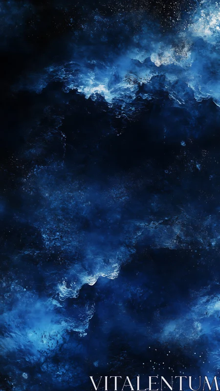 Dreamy deep blue nebula swirling through starry night sky.