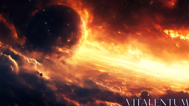 Burning nebula sky engulfs a lonely planet in cosmic fire.