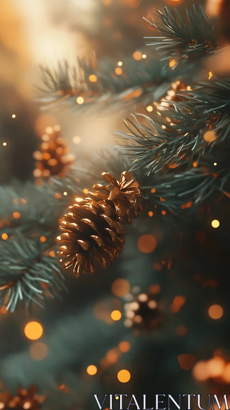 Golden pinecones on evergreen branch with warm bokeh glow.