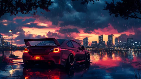 Modified red car beside city waterfront at rainy sunset.