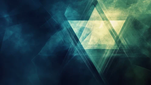 Geometric teal triangles layered in misty digital space.