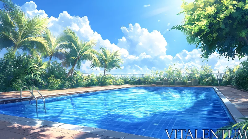 Sunlit rooftop pool shimmers beneath bright tropical skies.