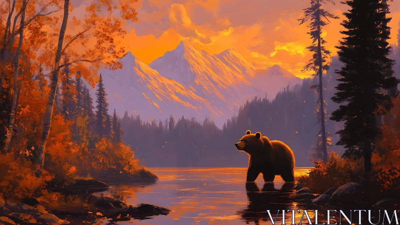 Digital painting of autumn bear in alpine sunset composition.