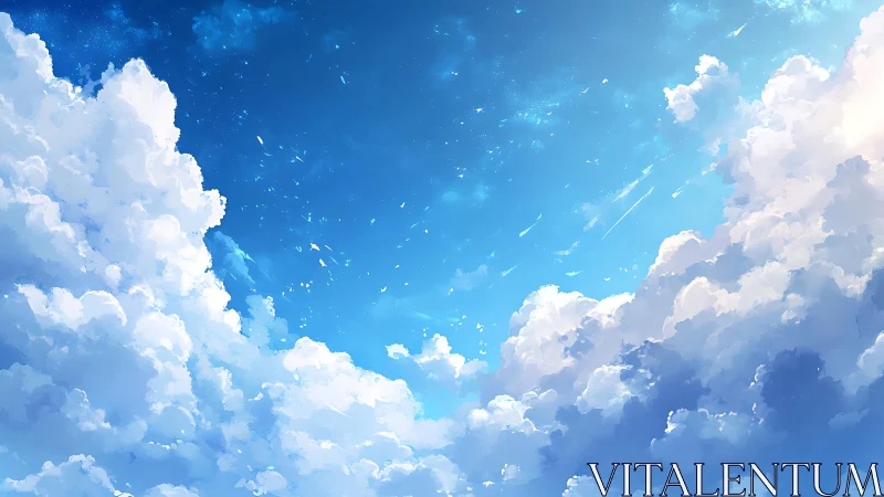 Expansive cumulus skyscape in luminous digital illustration.