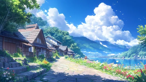 Sunlit lakeside village path under cumulonimbus cloud formations