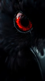 Close-up view shows intense red eye of black bird in detail