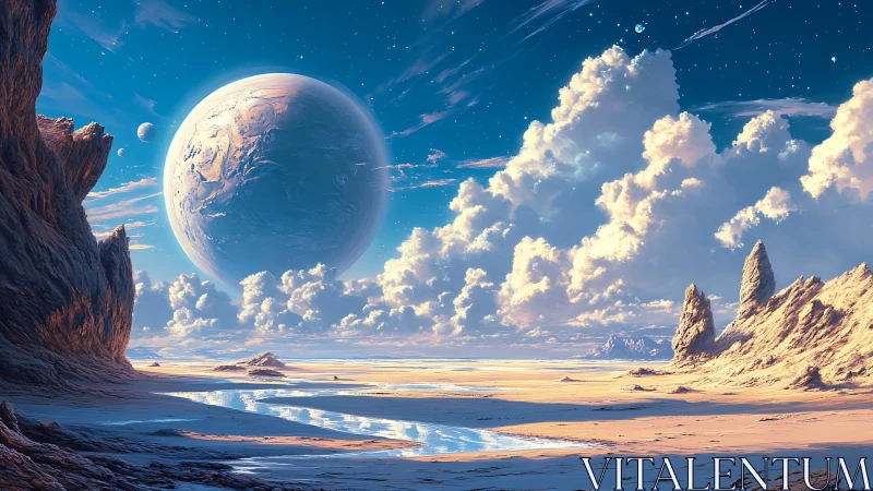 Expansive alien desert under massive ice planet with stratified clouds