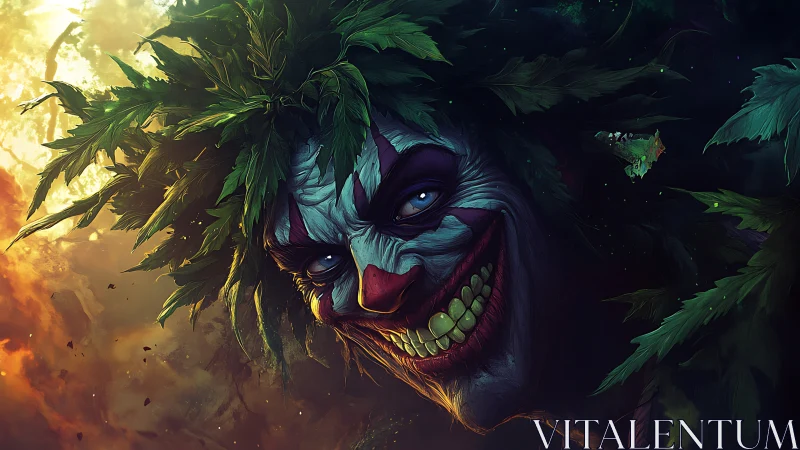 Sinister forest jester portrait with toxic chromatic glow.