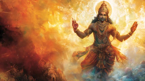 Radiant Hindu deity emerges from swirling cosmic fire.