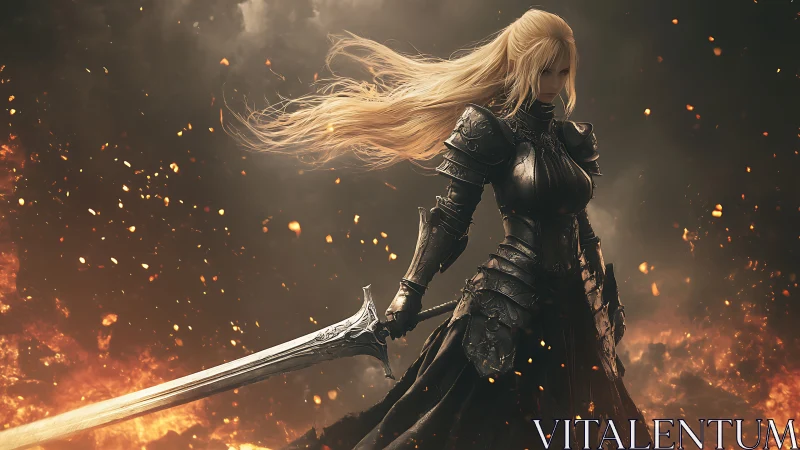 Armored warrior heroine in molten battlefield digital painting.