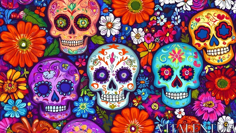 Colorful sugar skulls with dense floral festival pattern.