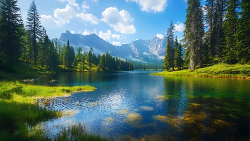 Peaceful mountain lake wrapped in sunlit evergreen forest.
