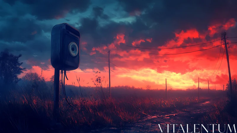 Digital painting of deserted roadside device at neon dusk.