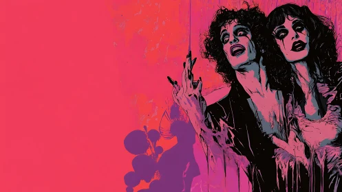 Stylized horror couple on neon pink textured background.