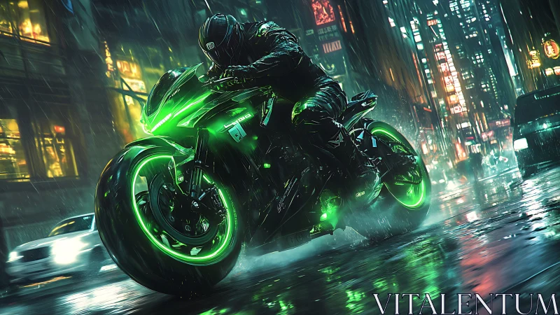Cyberpunk neon street racer in dynamic rainy night pursuit.