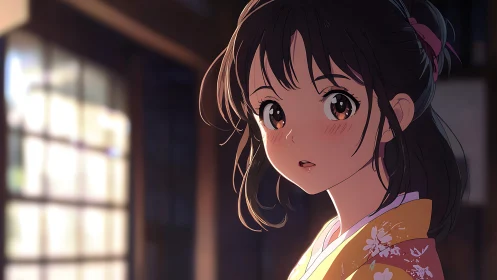 Gentle evening light on a shy girl in a floral kimono.
