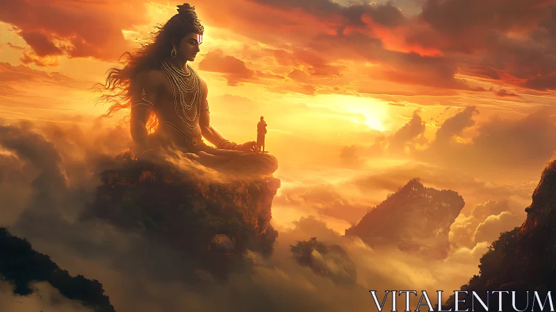 Golden sky cradles a serene mountain deity in quiet wonder