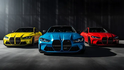 Photorealistic tri-color sports sedans in frontal studio alignment.
