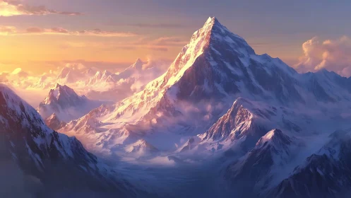 Sunlit snow peaks rising through soft pastel mountain mist.