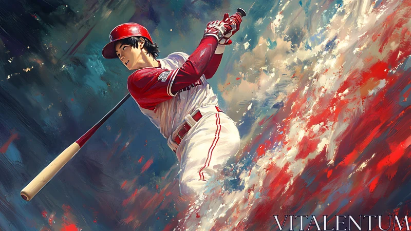 Dynamic baseball swing framed in bold, swirling colors.