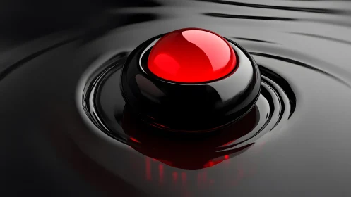 Futuristic red button in glossy liquid, digital 3D rendering.