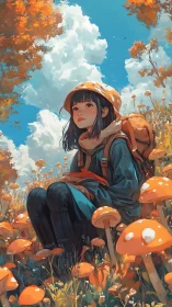 Young hiker rests among orange mushrooms under vast clouds.