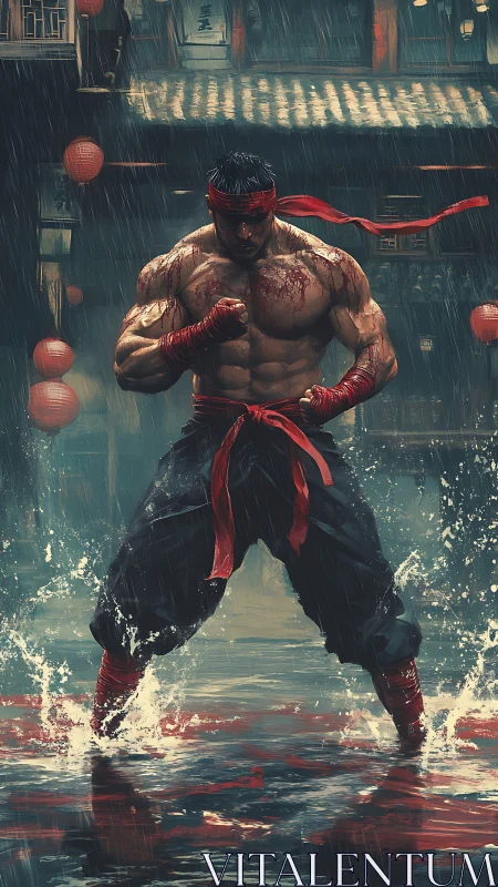 Rain lashes the street as a scarlet warrior steadies resolve