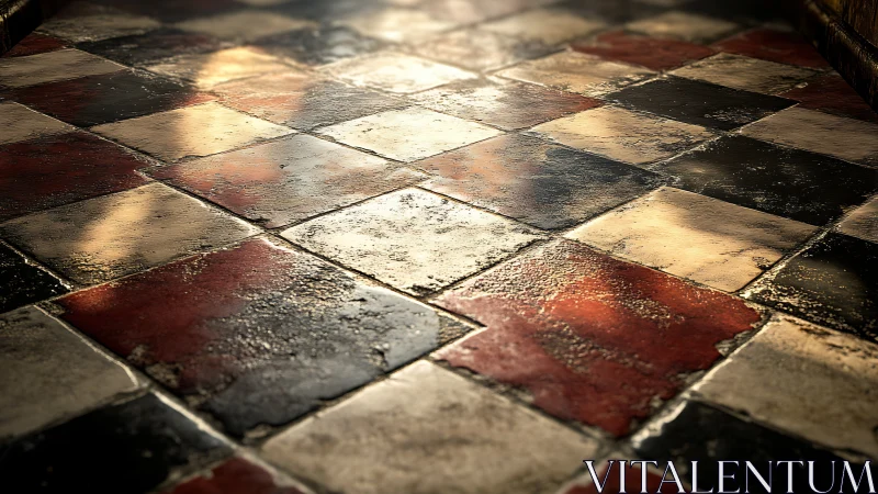 Weathered checkerboard tiles under warm reflective light.