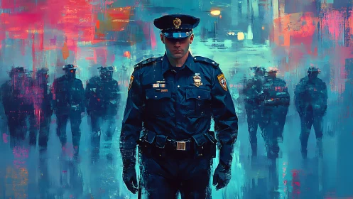 Police officer walking forward in vivid abstract city scene.
