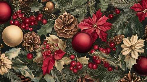 Crimson baubles and pinecones tumble through winter foliage