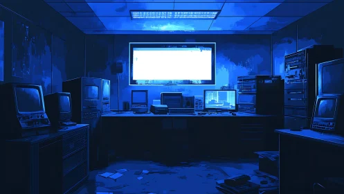 Midnight command center hums in neon blue retro silence.