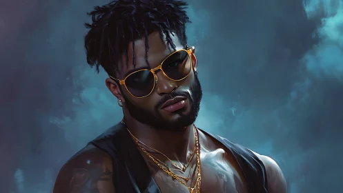 Male portrait in sunglasses against diffuse blue backdrop.