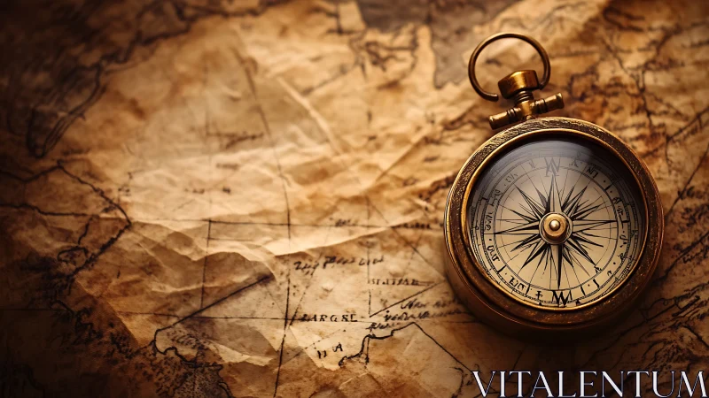 Brass compass dreaming over a timeworn treasure map.