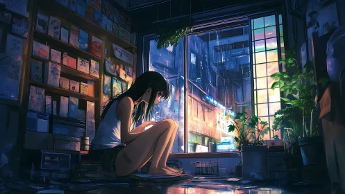 Rainlit window reader in neon-drenched midnight cityroom.