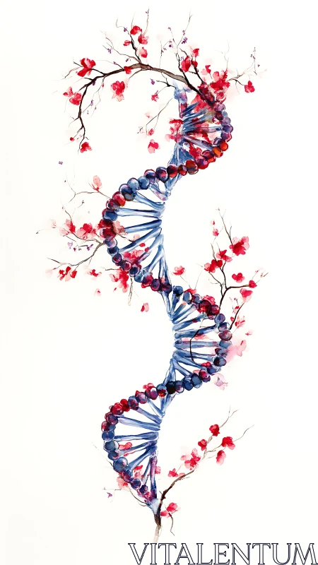 DNA helix intertwines with cherry blossom branches vertically