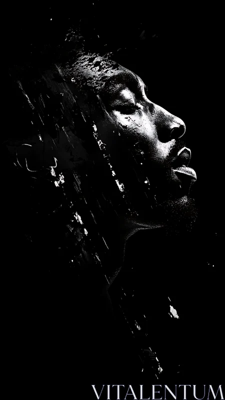 Monochrome male profile emerging from fragmented darkness