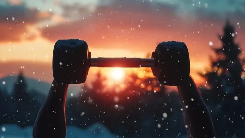 Dumbbell held overhead outdoors in snowy sunset scene.