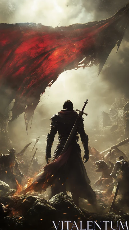 Backlit swordsman under tattered war banner in infernal haze.