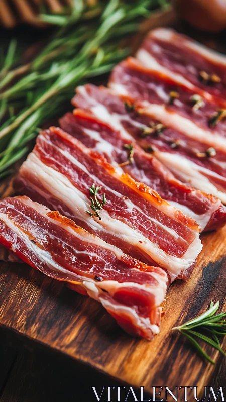 Raw streaky bacon slices on board with rosemary sprigs.