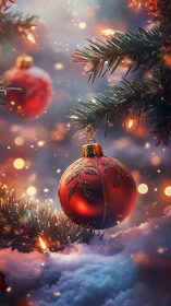 Red Christmas ornament on snowy tree with warm lights.