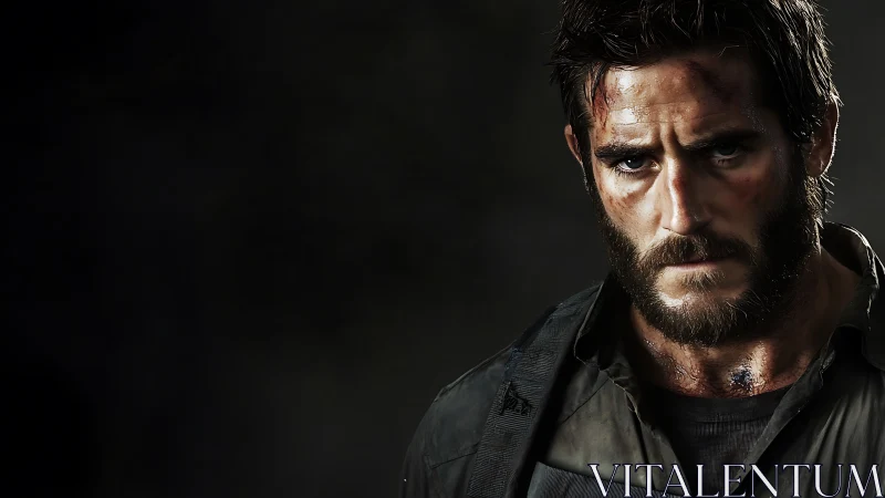 Bearded soldier portrait shows bruised face and intense stare