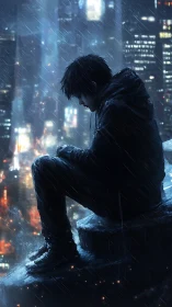 Solitary figure endures neon city rain in quiet reflection.