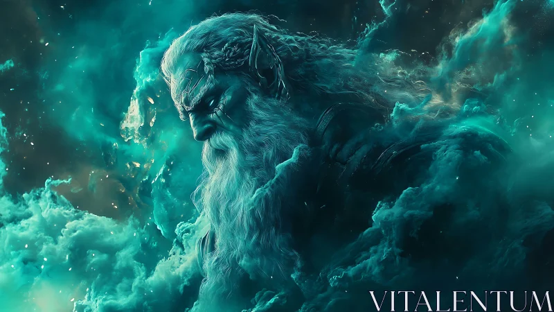Mythic celestial elder in teal nebula, digital painting focus.