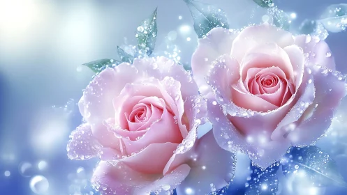 Pink Roses with Frost and Bokeh Lights.