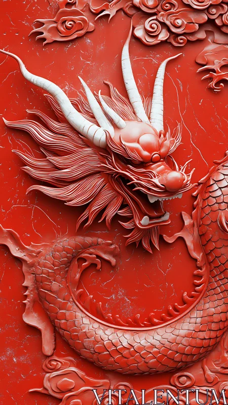 Embossed red dragon relief in high-detail digital rendering.