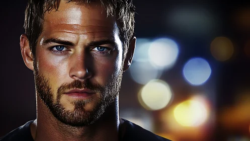 Steady blue‑eyed gaze meets soft neon city night lights