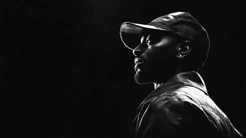 High-contrast side-lit portrait isolates subject in deep negative space