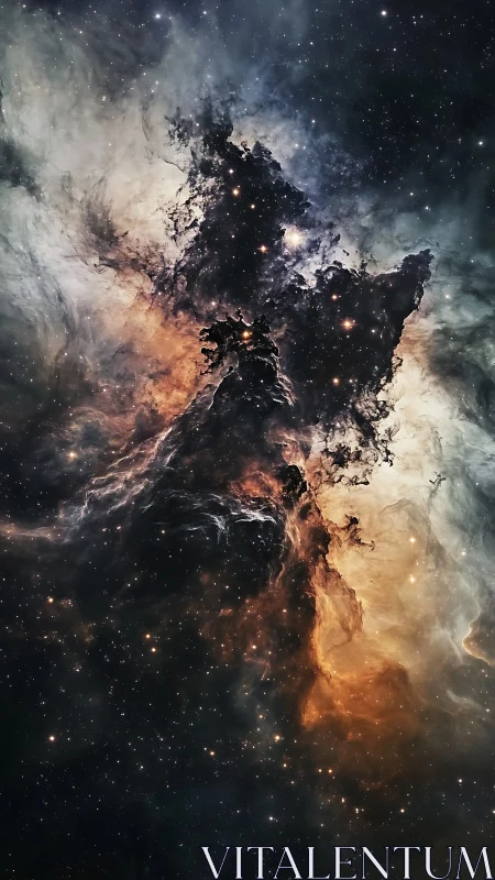 Cosmic nebula tower with glowing starfield and dust clouds.